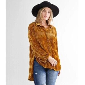 Free People Womens Top Yellow Best Button Up Velvet Tunic Ribbed Smocked Small.